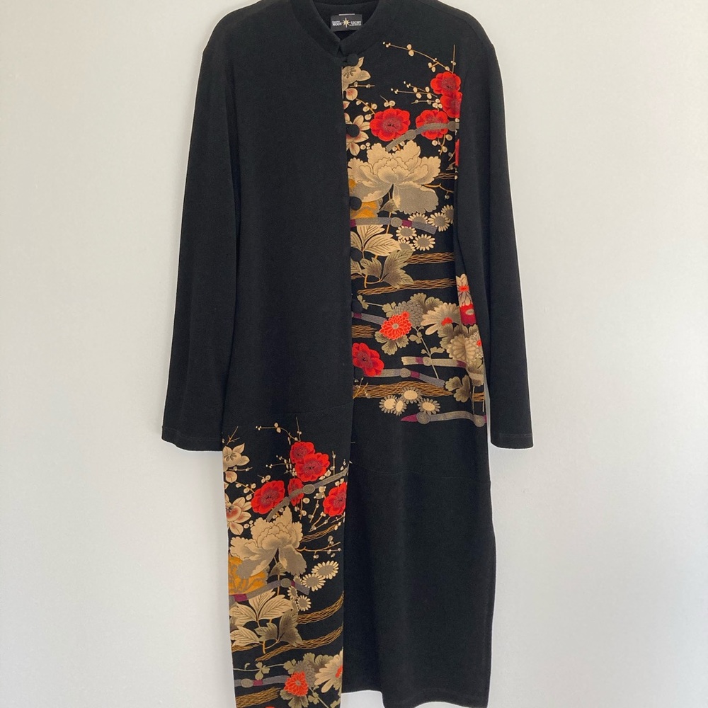 Vintage Connies Moonlight in LA Long Black Duster Kimono Jacket with Florals